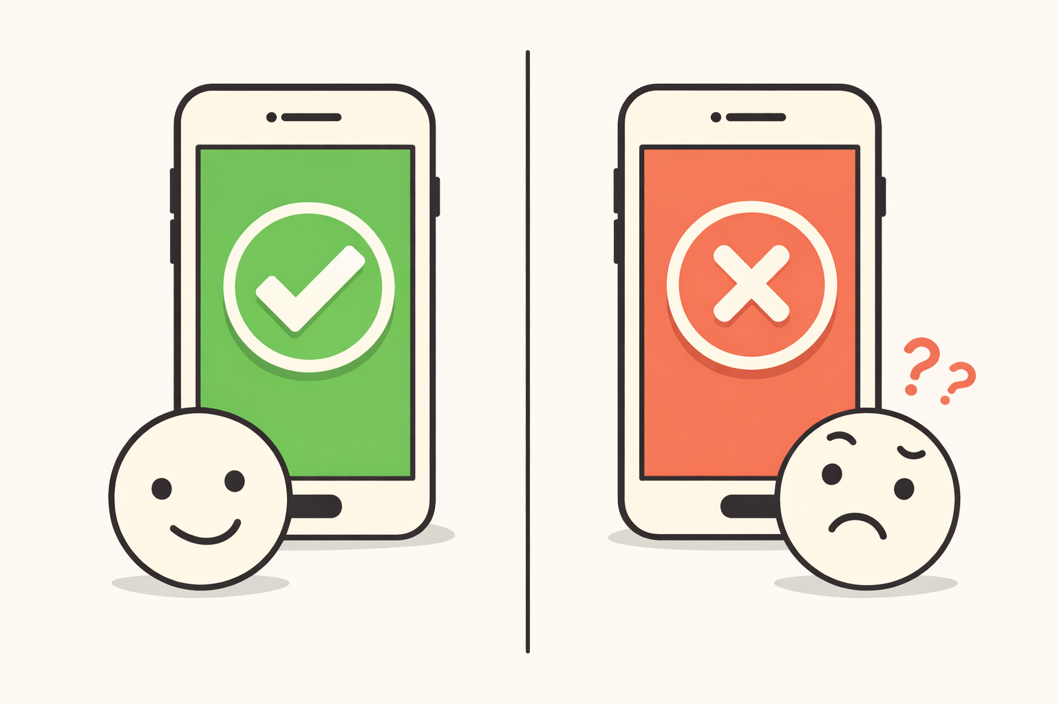 Illustration of a mobile app showing a green checkmark on a test device next to the same app showing an error on a user's phone